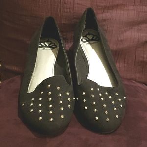 Fergalicious studded black flats, faux suede GUC size 9.5